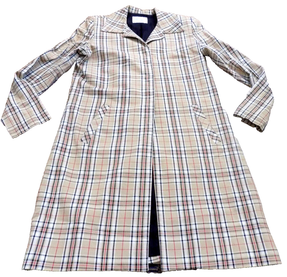 Vtg EQUESTRIAN HORSE DESIGNS of Santa Barbara Tan Tartan Plaid Trench Coat M EUC